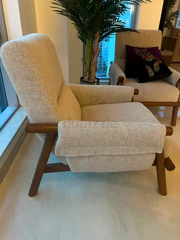 Pair of Beige Upholstered Accent Chairs with Wooden Legs