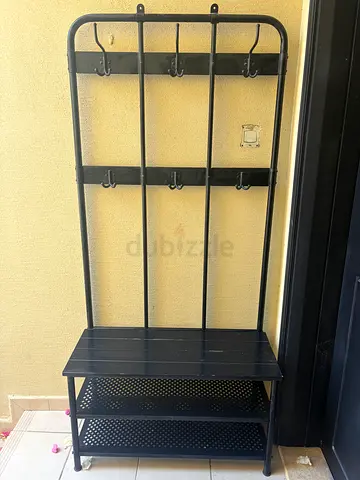 IKEA black metal hall tree with shelf and hooks - good condition