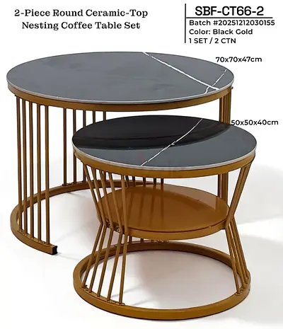 2-Piece Round Ceramic-Top Nesting Coffee Table Set - Black Gold