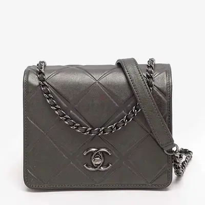 Authentic Chanel Propeller Mini Metallic Grey Leather Flap Bag