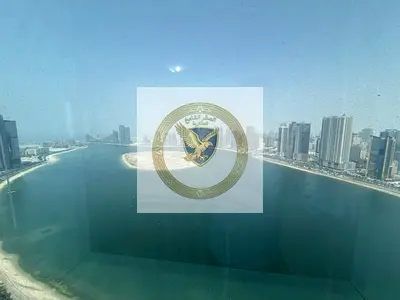 The most beautiful sea view with a balcony overlooking Al Mamzar. Luxury 3-bedroom apartment with living room, free parking, central AC, gym, and swi