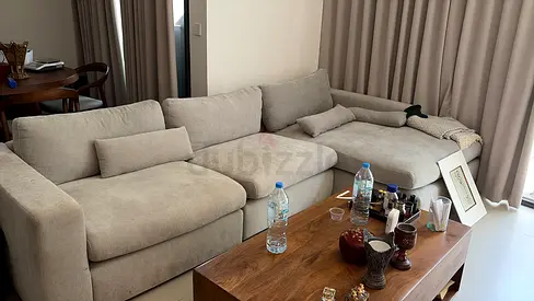 Light Beige L-Shaped Fabric Corner Sofa - Comfortable 3-Seater with Chaise. Been used for 2 year