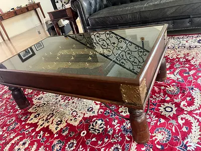 Solid Wood Indian Low Coffee Table with Glass Top and Brass Inlay with matching side table