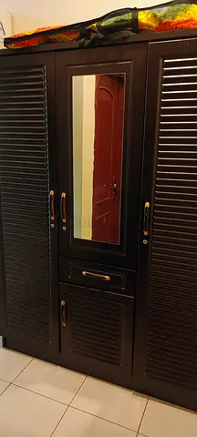 Dark Wood 3-Door Wardrobe with Mirror and Drawers