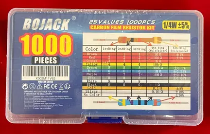 BOJACK 1000pcs Carbon Film Resistor Kit (25 Values, 1/4W)