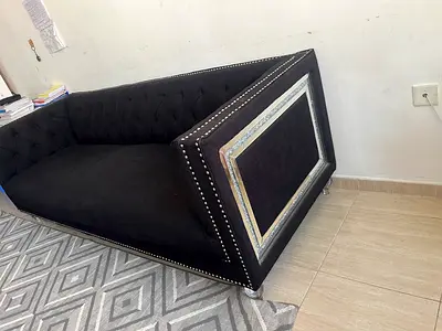 Black Velvet Tufted 3-Seater Sofa with Silver Stud Trim