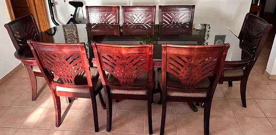 Solid Wood 8-Seater Dining Table with Glass Top and Chairs