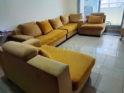 Large mustard yellow sectional sofa with chaise lounges - good condition