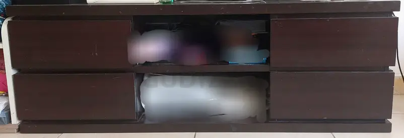 Low-profile TV Entertainment Unit with Storage Drawers - Dark Wood