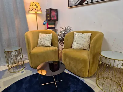 Pair of Olive Green Velvet Tub Chairs with center table