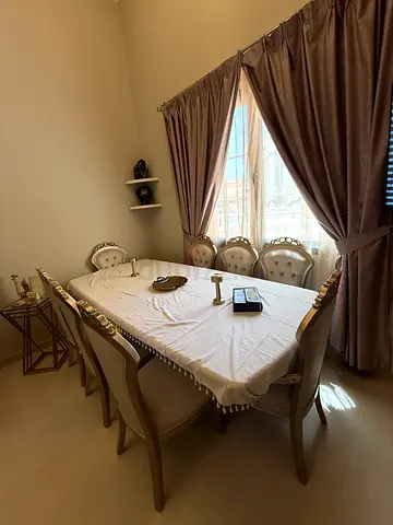8-seat classic dining table with upholstered chairs - cream  gold