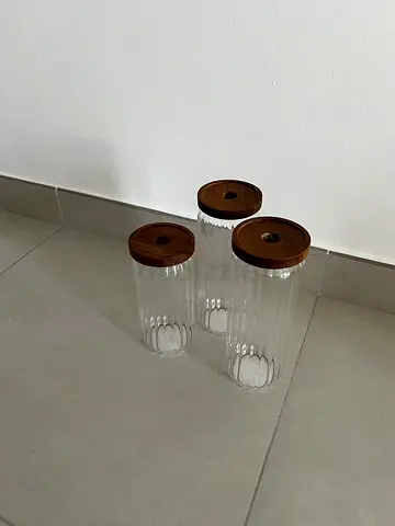Set of 3 Glass Kitchen Canisters with Wooden Lids