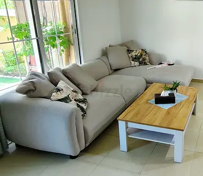Light grey fabric L-shaped sofa with chaise (good condition)