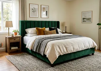 Green Velvet Upholstered King Bed with Channel Tufted Headboard