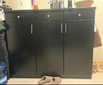 Black Wooden Shoe Cabinet / Storage Cupboard, 3-Doors with Drawers