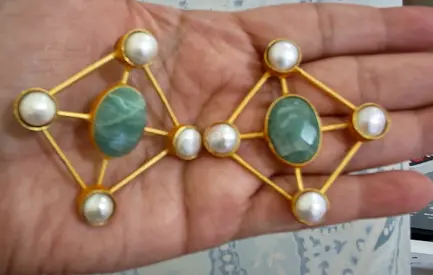 Pair of vintage-style gold-tone brooches with green stones and pearls