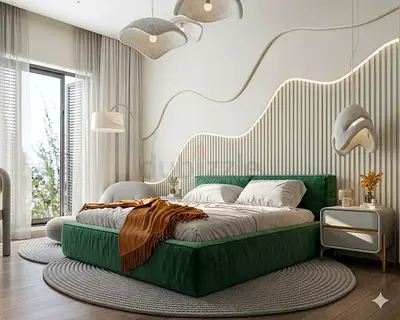 Green Velvet Platform Bed with Low Profile Design