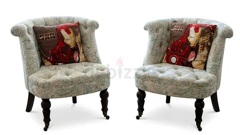 Pair of Vintage-Style Accent Armchairs with Iron Man Cushions