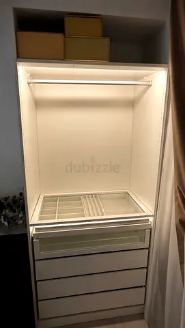 White Wardrobe Units with Drawers and LED light Rail  Glass top Jewellery section
