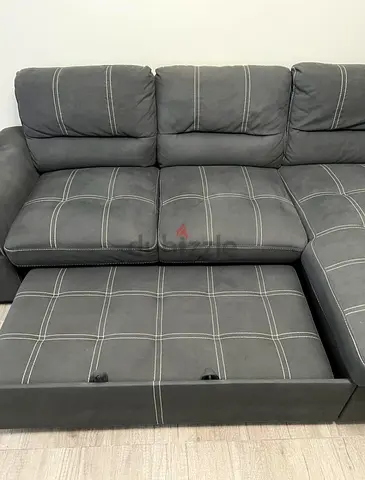 Grey L-shaped Fabric Sofa with Storage Pull-Out Section