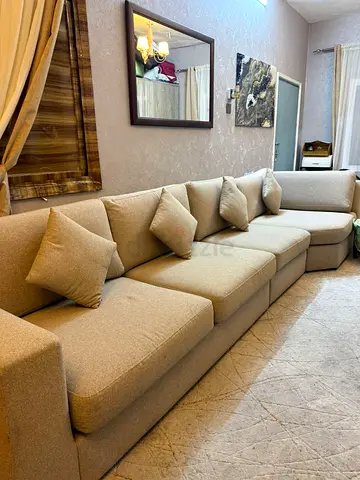 Beige L-shaped Modular Sofa with Cushions - Comfortable 5 seater
