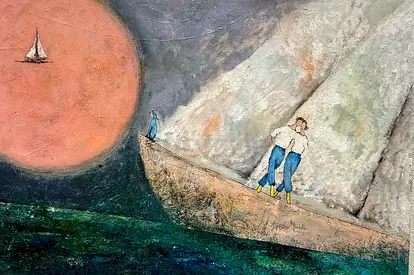Original Painting – Couple on Boat under Large Moon