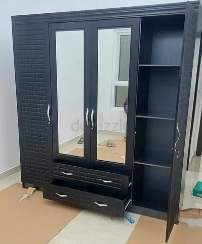Large Black Mirrored Wardrobe with Shelves and Drawers