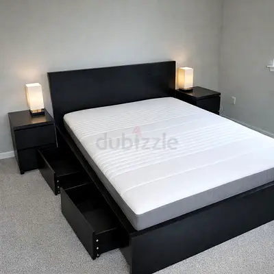 Black Wooden Bed Frame with Headboard and Underbed Drawers + 2 Nightstands