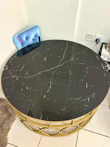 Round Gold Metal Center Table with Black glass Marble Top