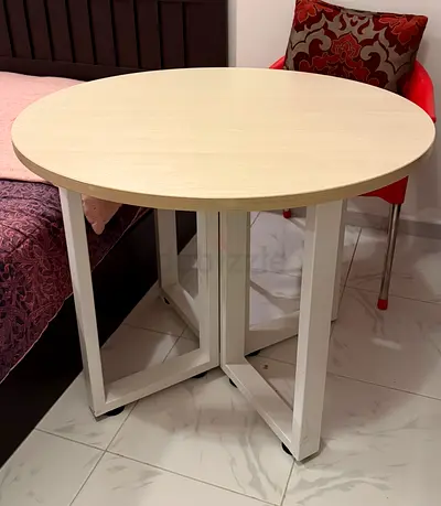 Round Wooden Table with White Base - Good Condition