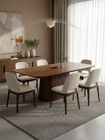Solid Wood Dining Table with 6 Fabric Chairs - Modern Minimalist Set