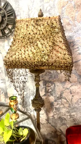 Vintage brass floor lamp with beaded fringe shade