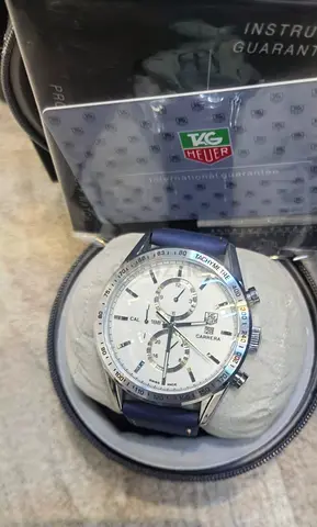 TAG Heuer Carrera Chronograph Mens Master Copy Watch — Silver Dial, Blue Leather Strap