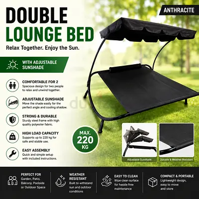 Double Lounge Bed with Adjustable Sunshade Outdoor Garden Relaxing Bed for 2 Persons
