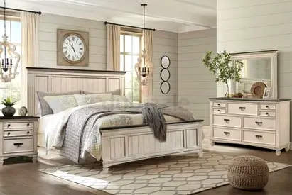 Complete Whitewashed Wooden Bedroom Set – King Bed with Dresser  Nightstands
