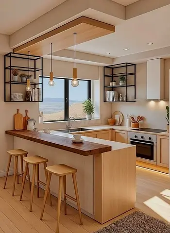 Modern wooden kitchen island with bar stools and open shelving