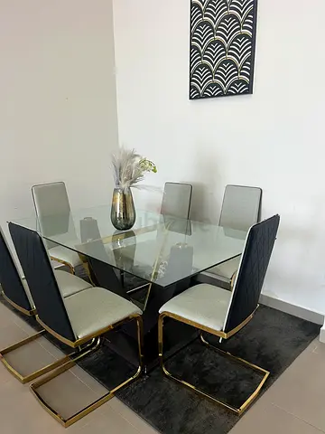 Glass Dining Table with 6 Upholstered Chairs - Modern Set Danube