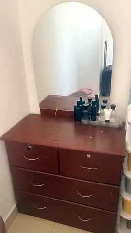 Dressing table cum Dark Wood Chest of Drawers with Arched Mirror