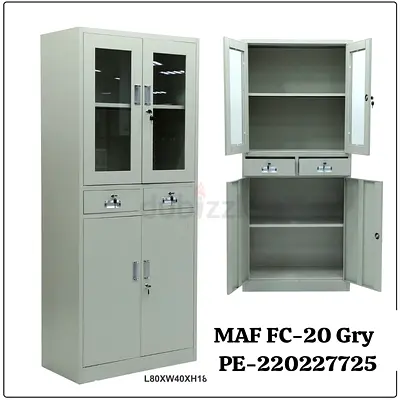Metal Office Storage Cabinet with Glass Top Doors  Lockable Drawers - Grey