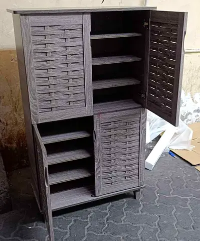 Compact Wooden Storage Cabinet with Multiple Shelves (Grey Rattan Style)