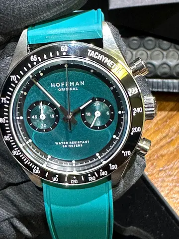 Hoffman chronograph mens watch with teal rubber strap. Limited edition of 350 pieces