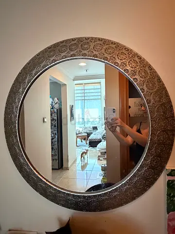 Large Decorative Round Wall Mirror with Embossed Silver Frame