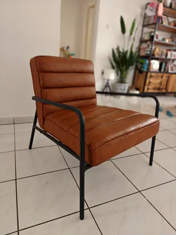 Modern Brown Leather Accent Armchair with Black Metal Frame