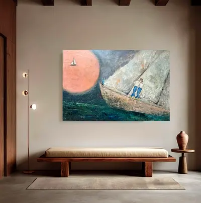Original Seascape Painting with Figures on Boat — Large Wall Art