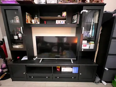 Black Wooden TV Entertainment Unit with Shelves and Cabinets - Pan Home
