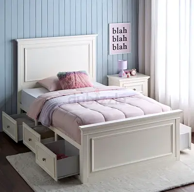 White Wooden Full/Double Bed with Under-Bed Drawers - Excellent Condition - Mattress Included