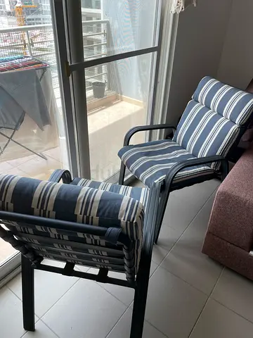 Striped Metal Frame Lounge Chairs with Cushions — Set of 2