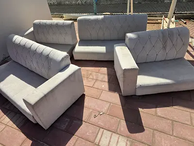 Used 3-Piece Light Grey Upholstered Sofa Set — Needs Cleaning/Repair