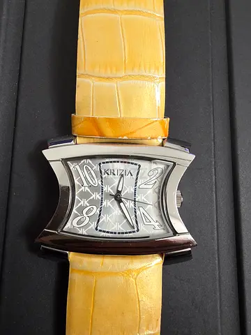 Womens Krizia rectangular stainless steel watch with yellow leather strap Swiss made