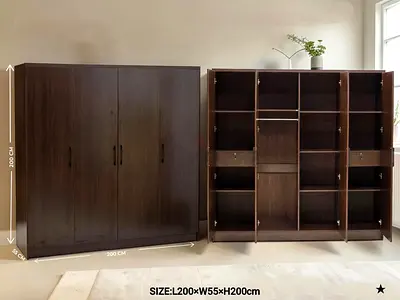Large Dark Wood 4-Door Wardrobe / Armoire (L200 x W55 x H200 cm)